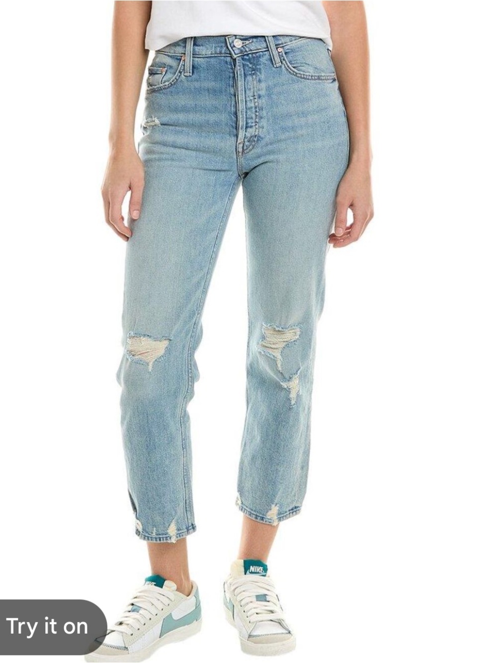 MOTHER Tom Cat Light Wash Distressed Straight-Leg Jeans